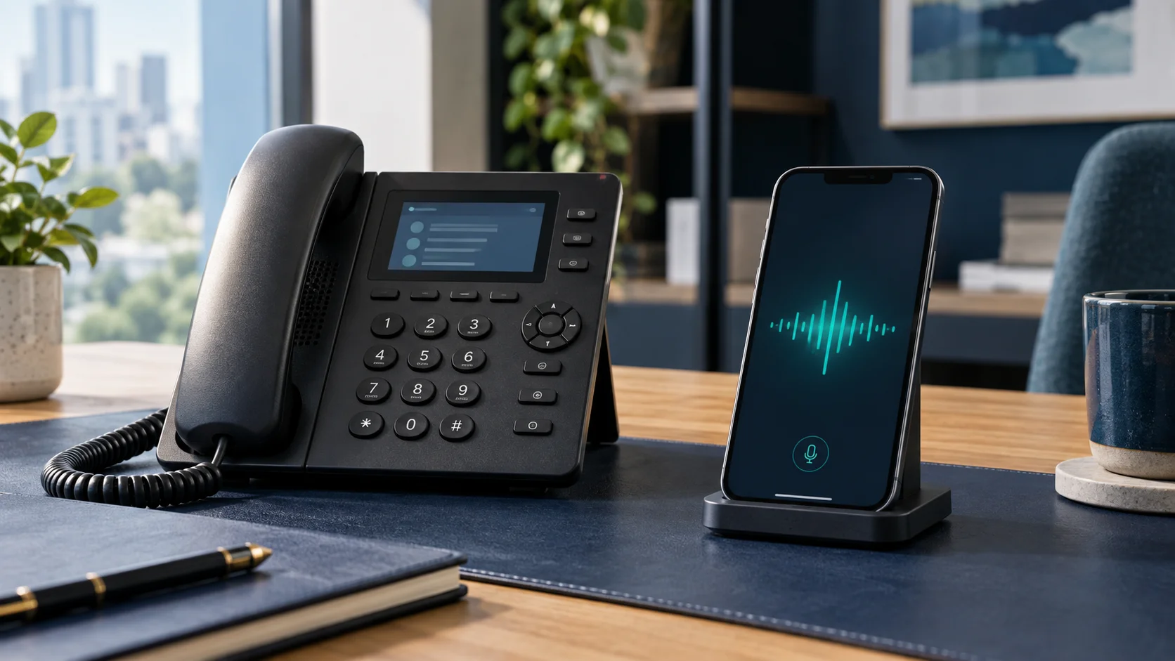 Teléfono de oficina con teclado junto a un móvil con una onda de voz, como comparación entre IVR y voz con IA