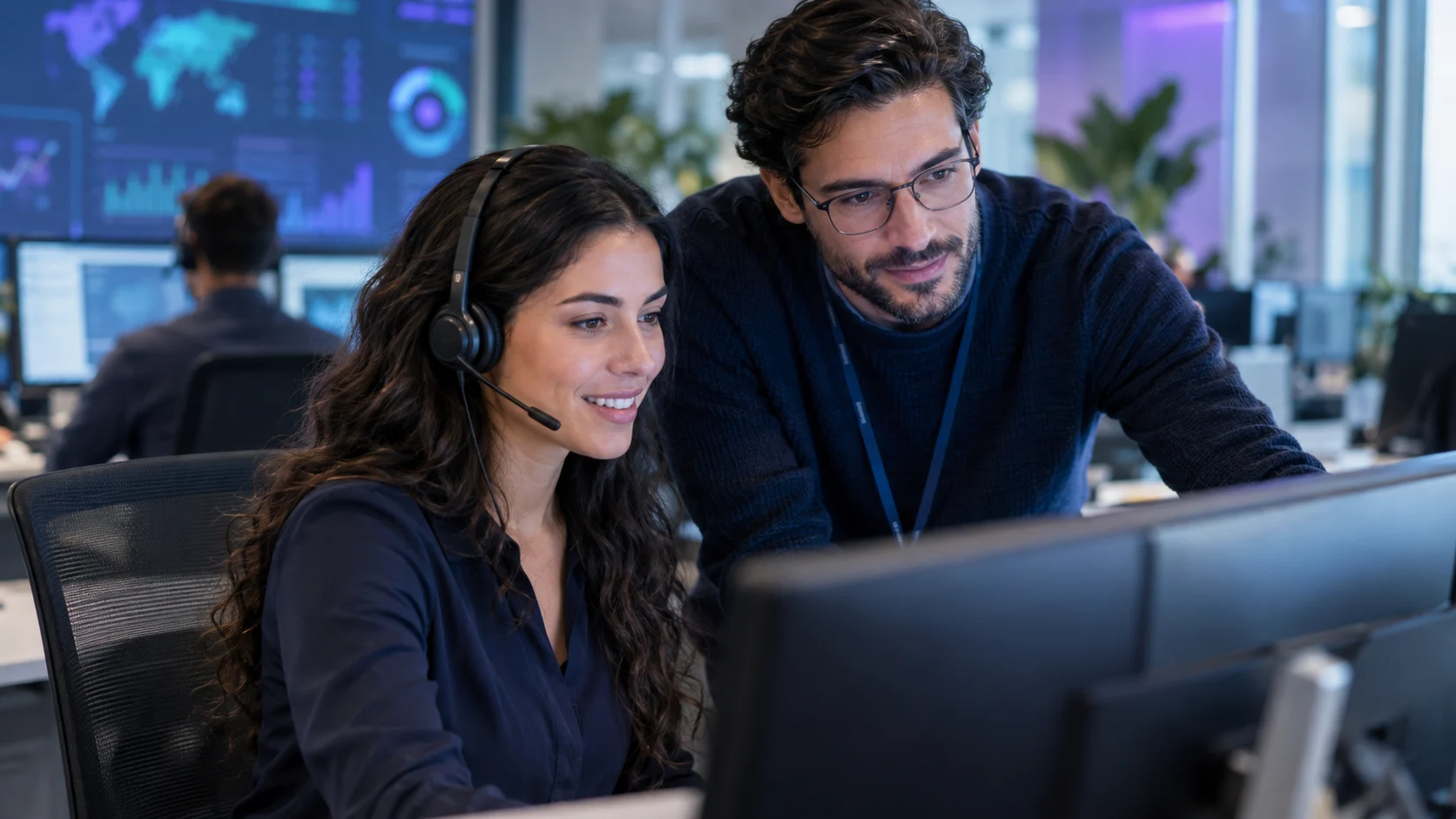 Equipo de atención al cliente trabajando con inteligencia artificial y atención humana en una oficina
