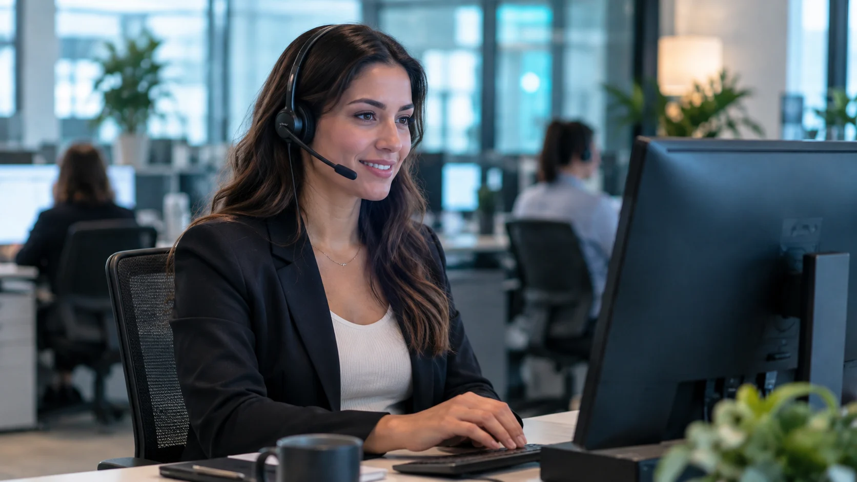 Profesional de atención al cliente utilizando inteligencia artificial para ofrecer una respuesta personalizada