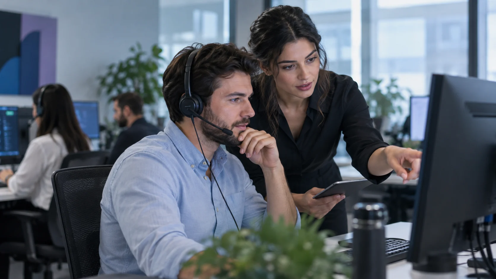 Equipo de atención al cliente consultando una base de conocimiento con ayuda de inteligencia artificial en una oficina