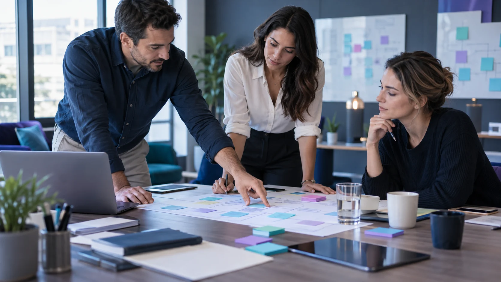 Equipo de atención al cliente utilizando diferentes aplicaciones de inteligencia artificial en una oficina