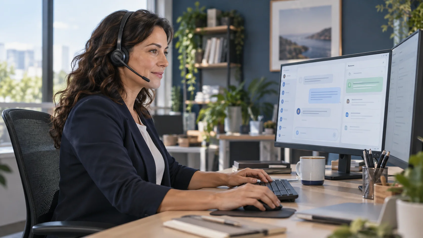 Agente de atención al cliente con auriculares consultando sugerencias de un asistente de IA durante una conversación