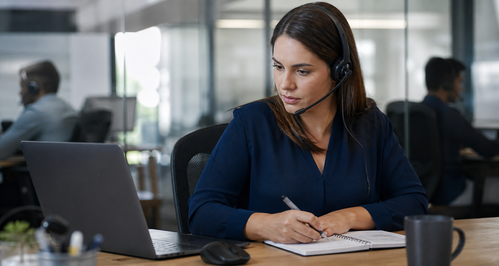 Analista de calidad revisando llamadas con inteligencia artificial para automatizar el control de calidad en un contact center