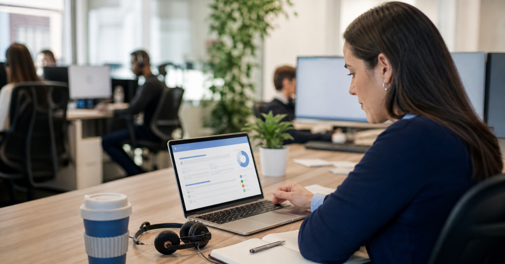 Formación de agentes de call center con IA: supervisor y agente revisando cuestionarios, evaluación de conocimientos y seguimiento del aprendizaje en contact center
