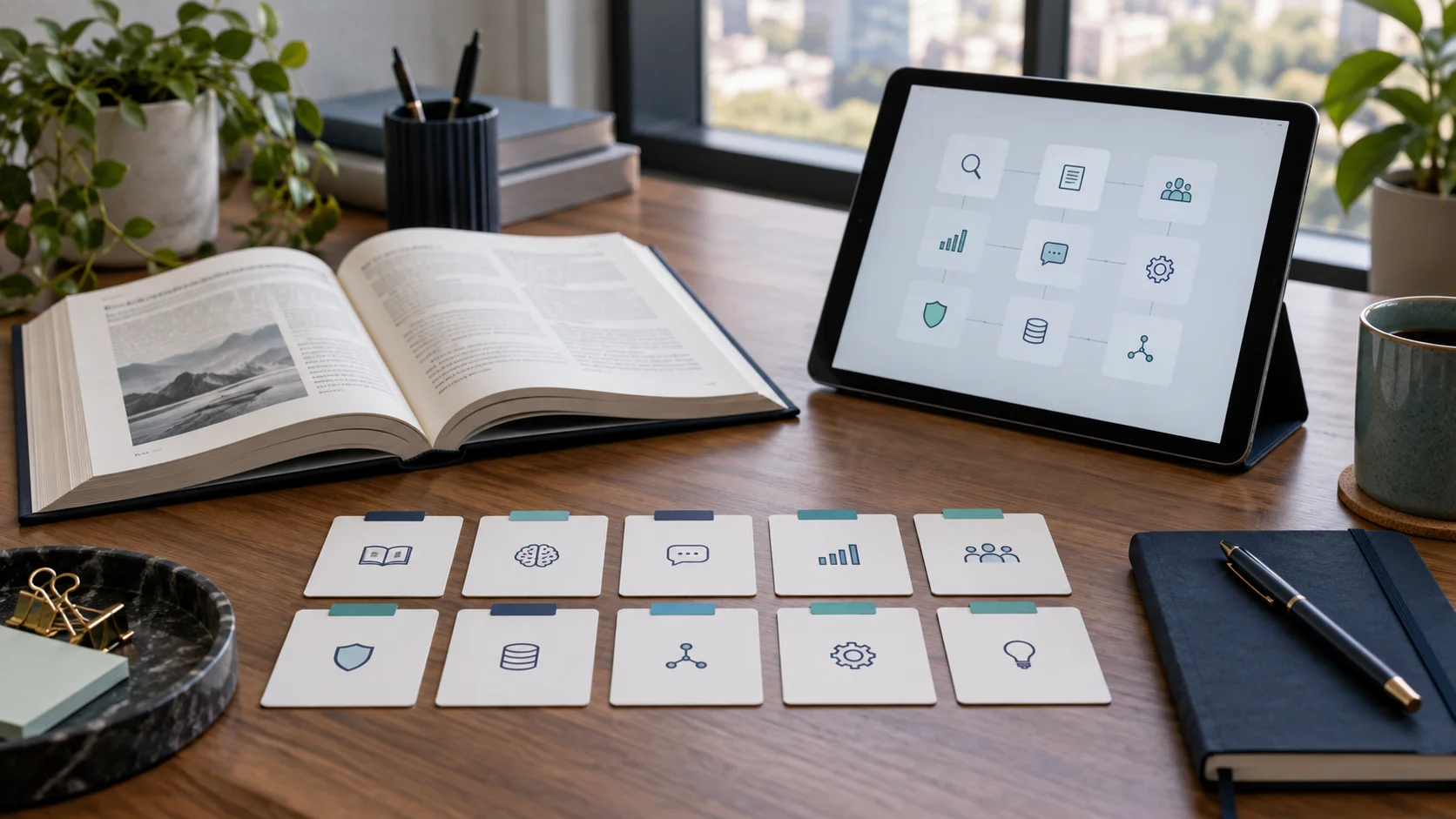 Libro de consulta, diez fichas con iconos y una tableta que representan conceptos de inteligencia artificial
