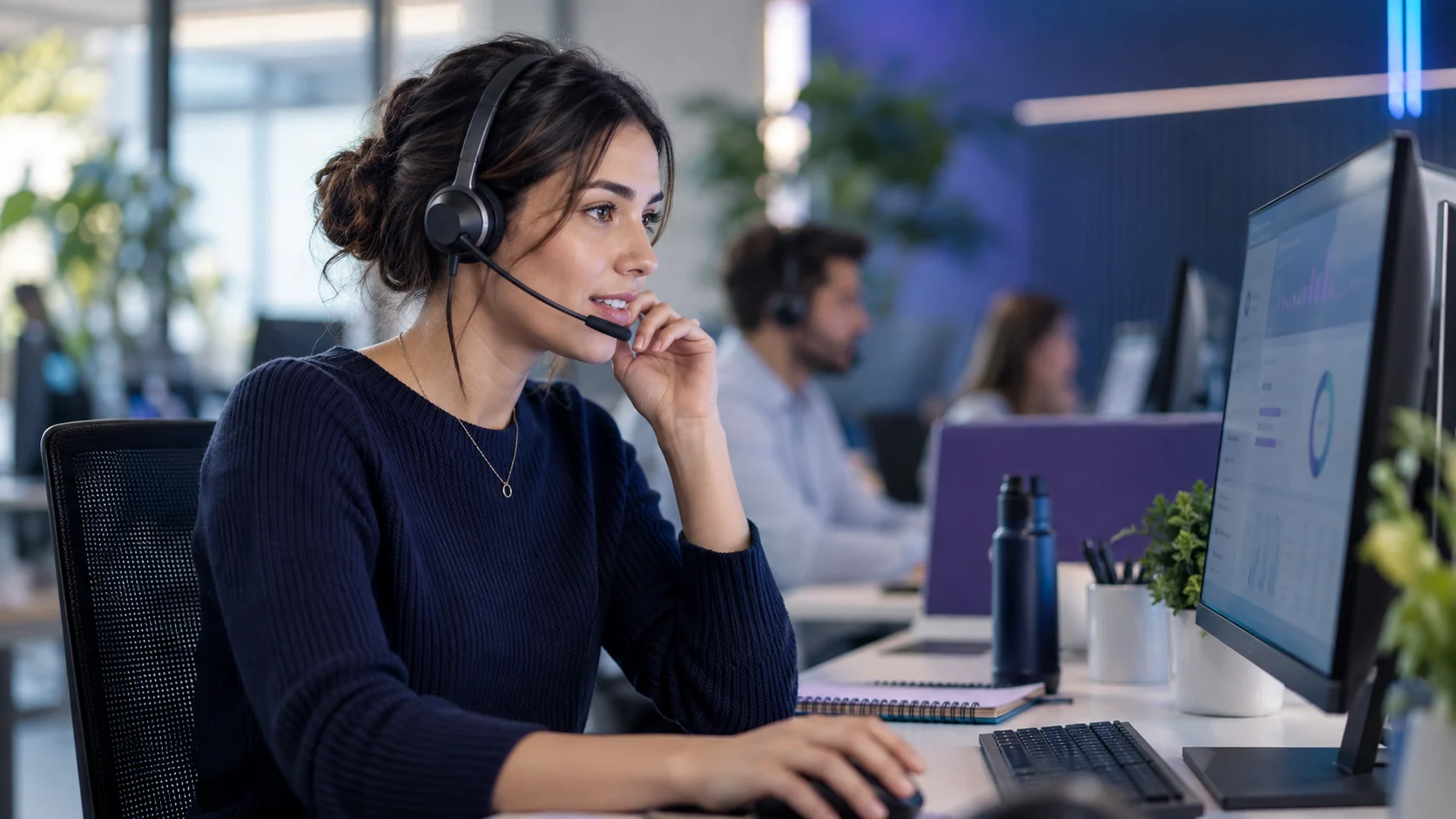 Profesional de atención al cliente utilizando inteligencia artificial para consultar información durante una llamada