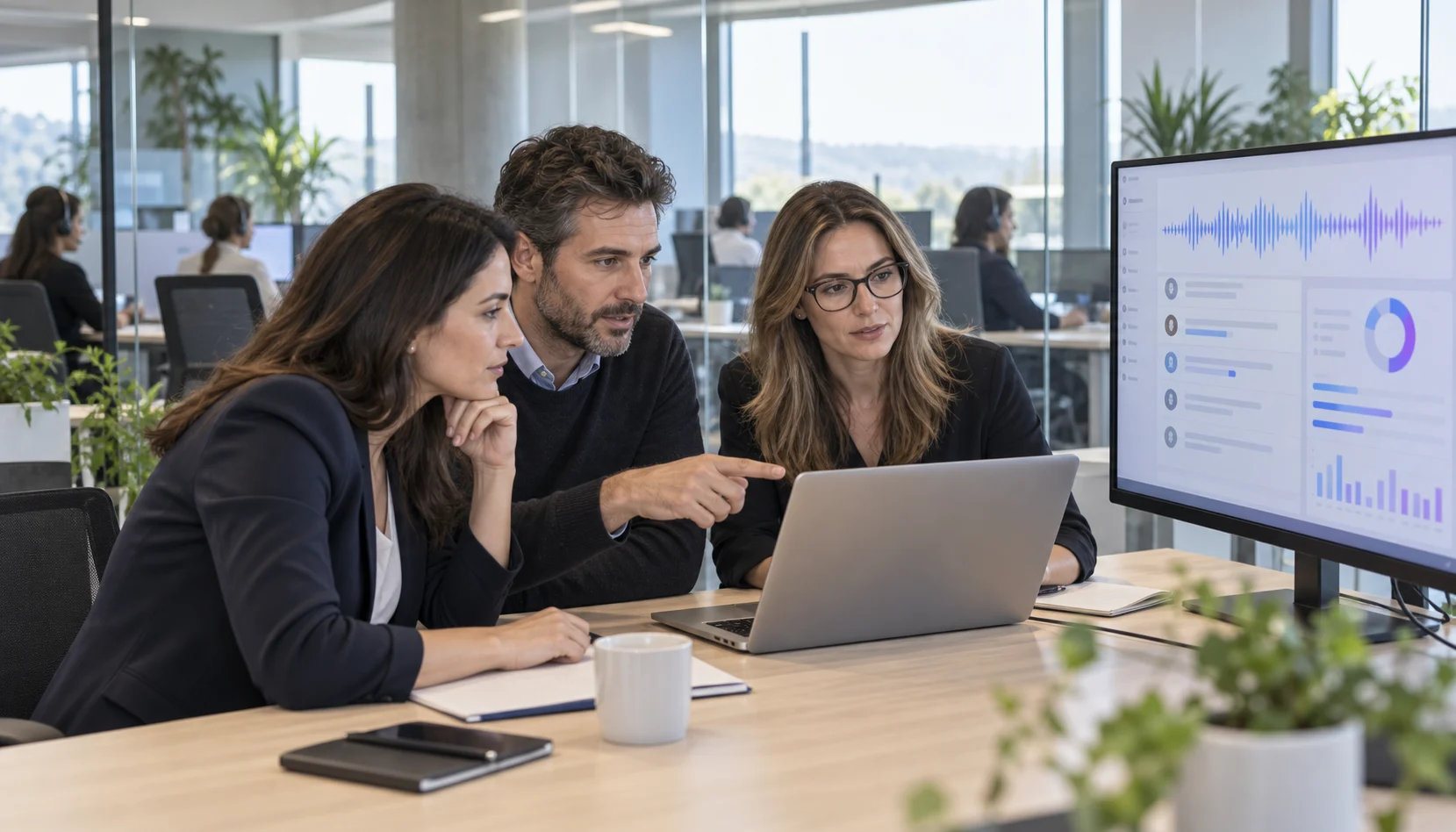 Escena ilustrativa de un equipo revisando soluciones de IA para atención al cliente en una oficina
