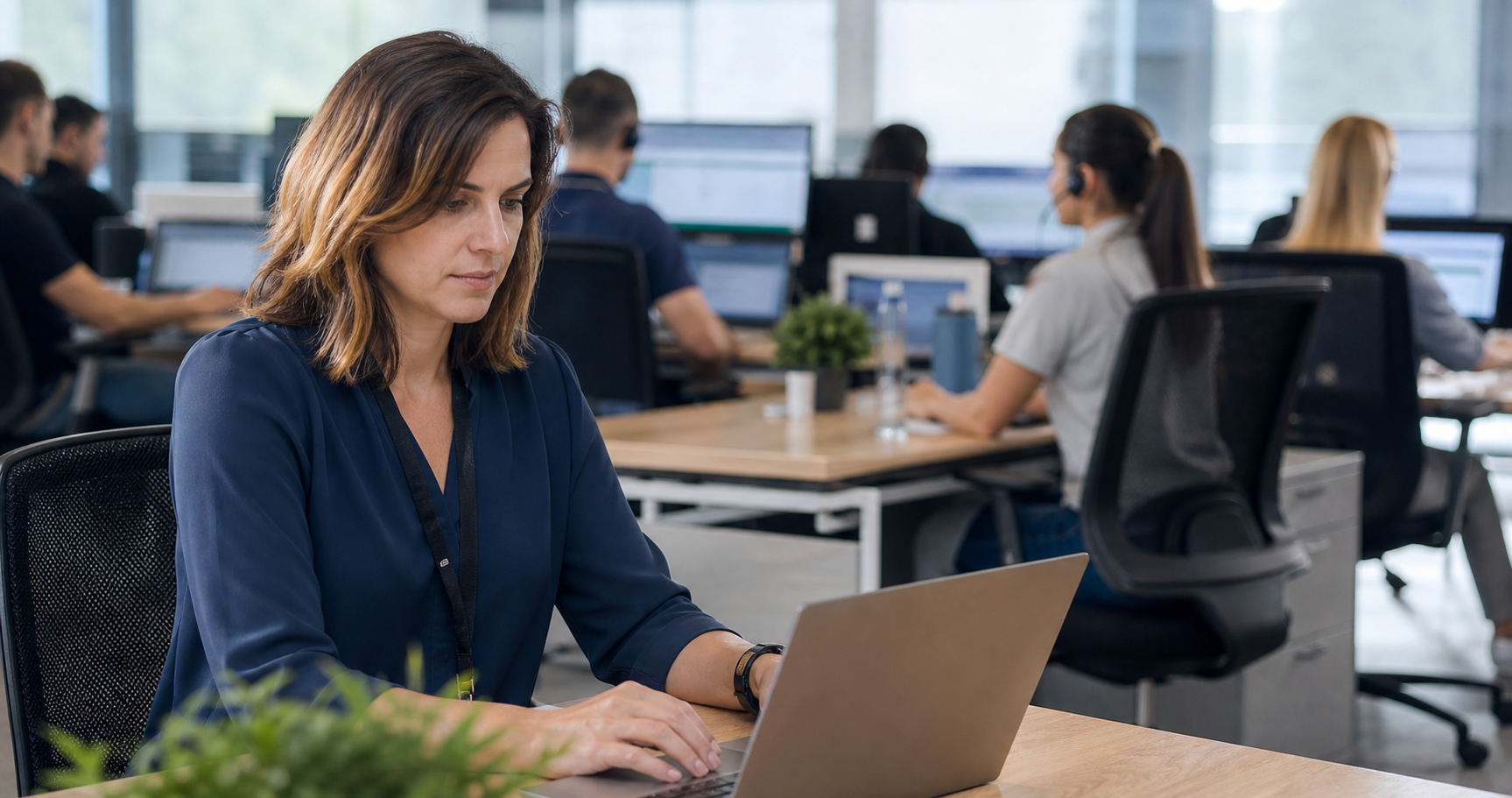Supervisora de call center analizando tiempos de espera y calidad de atención con apoyo de inteligencia artificial