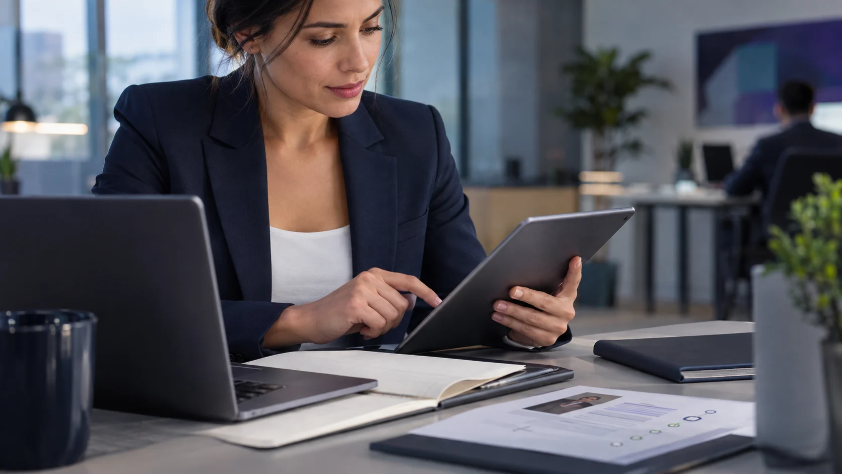 Profesional de atención al cliente utilizando inteligencia artificial para resolver una consulta durante el primer contacto