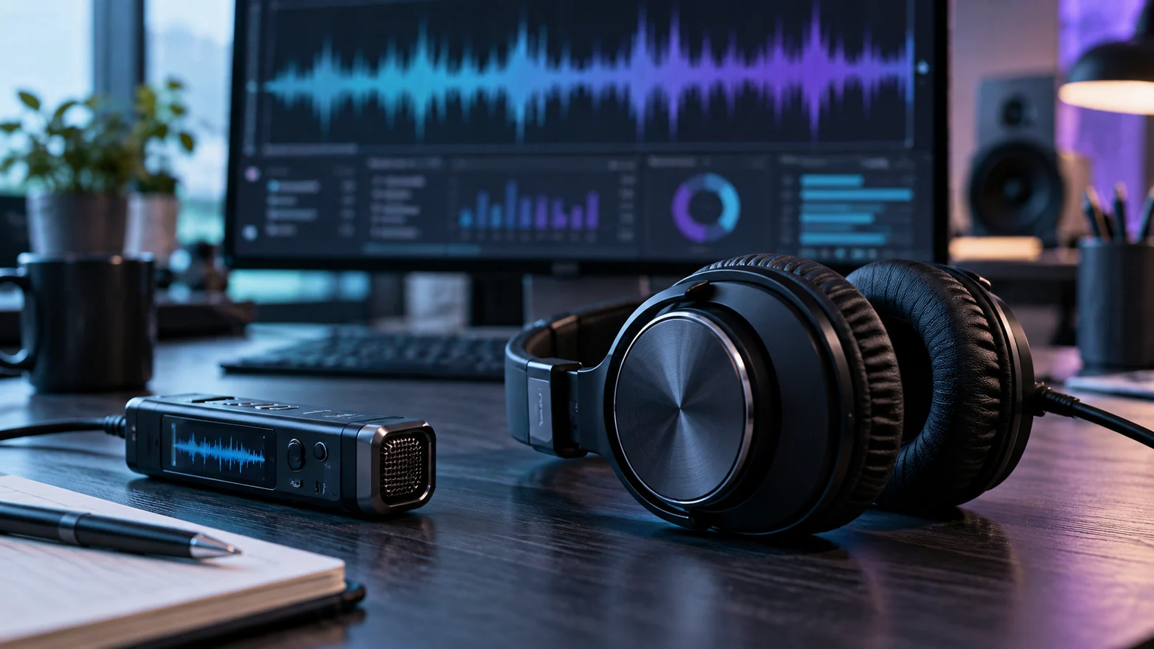 Auriculares junto a una onda de audio de barras metálicas en tonos turquesa y ámbar