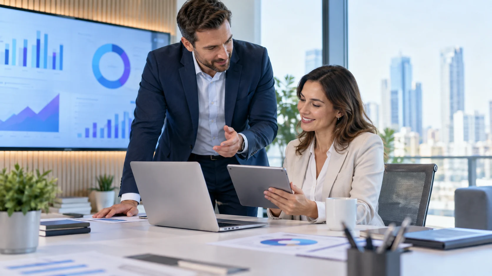 Equipo de atención al cliente utilizando inteligencia artificial en una oficina